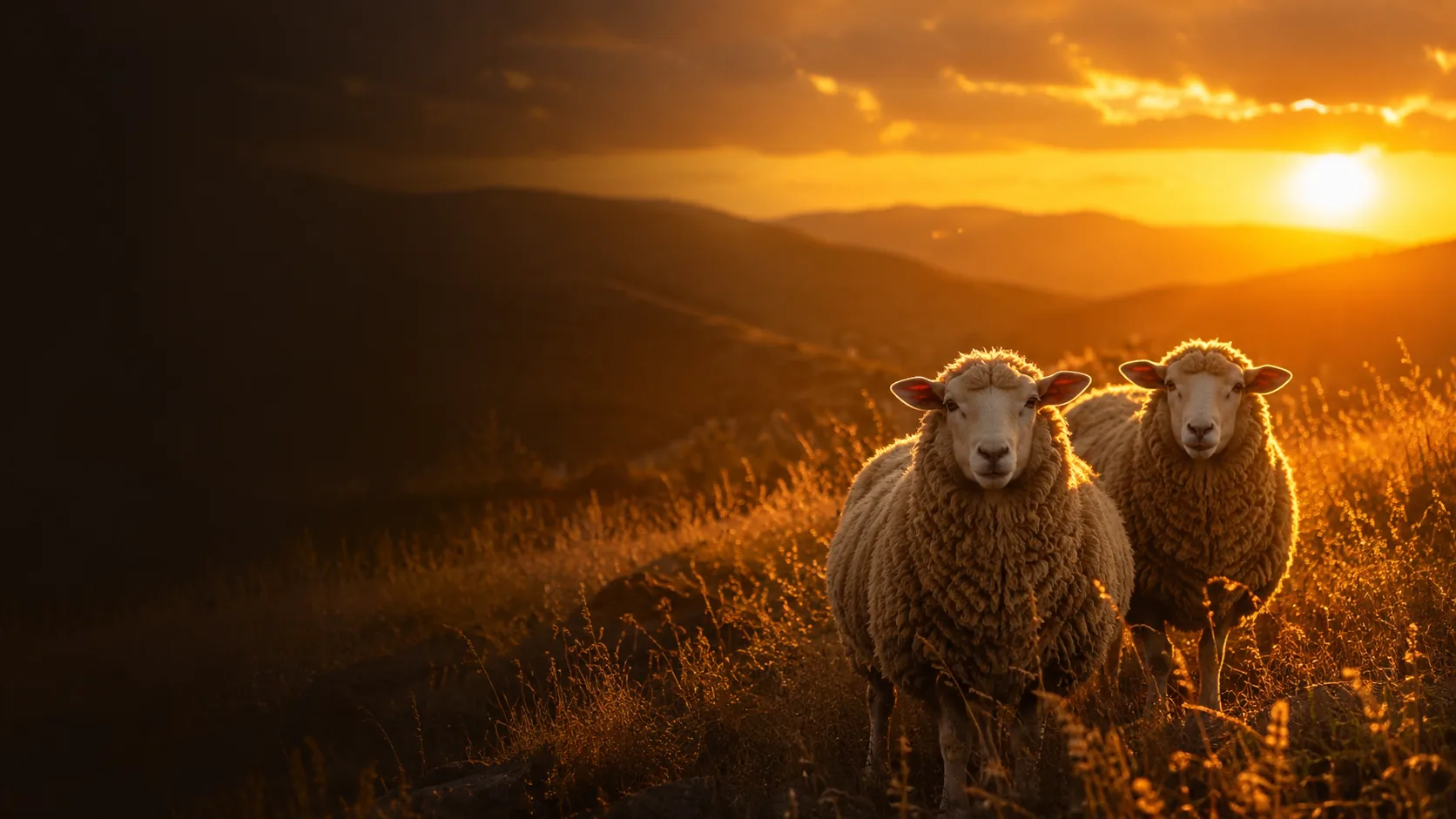 Ovelhas em campo dourado ao entardecer