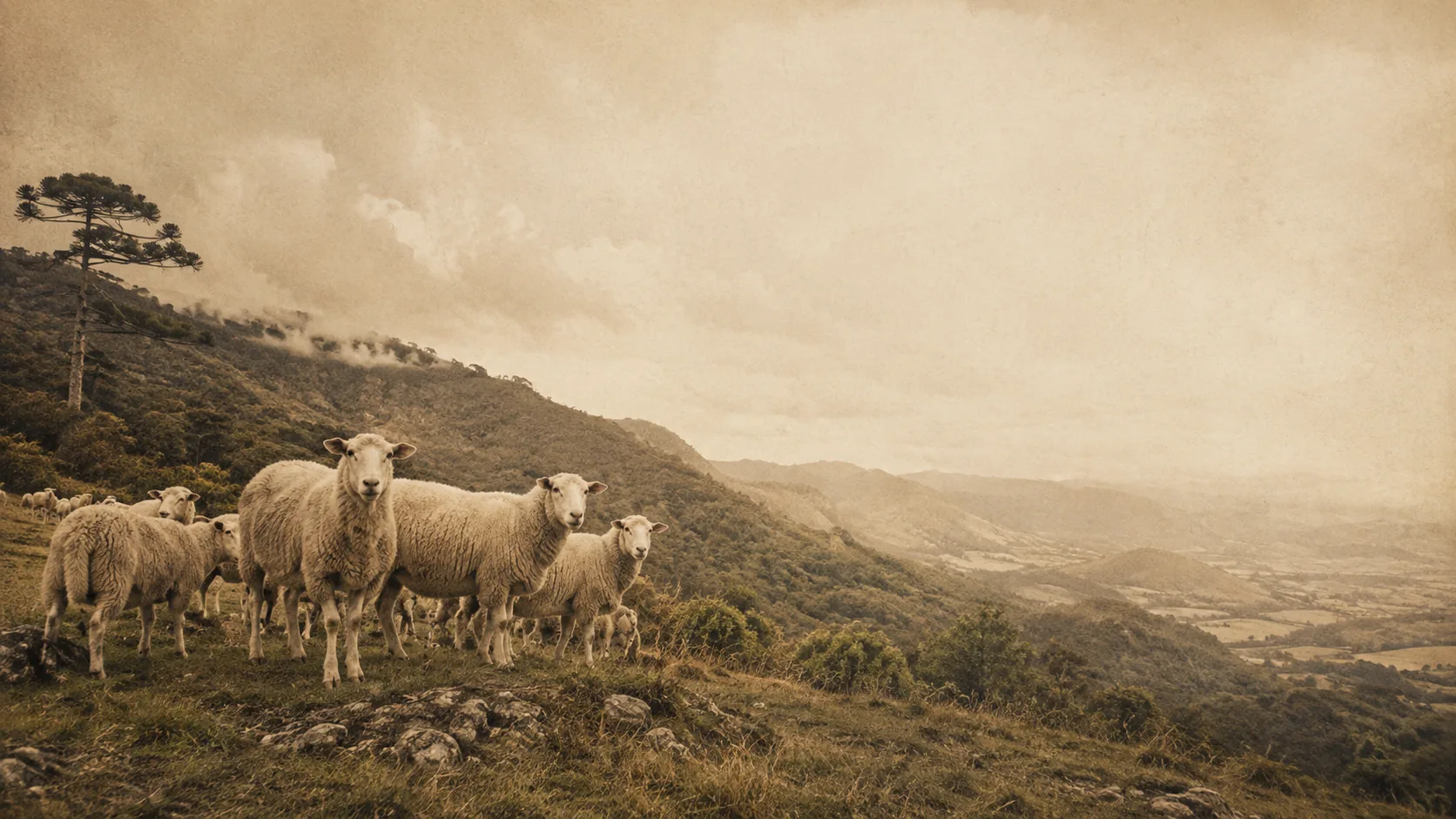 Ovelhas em campo de altitude com tratamento sépia — origem responsável da EcoFiber Wool
